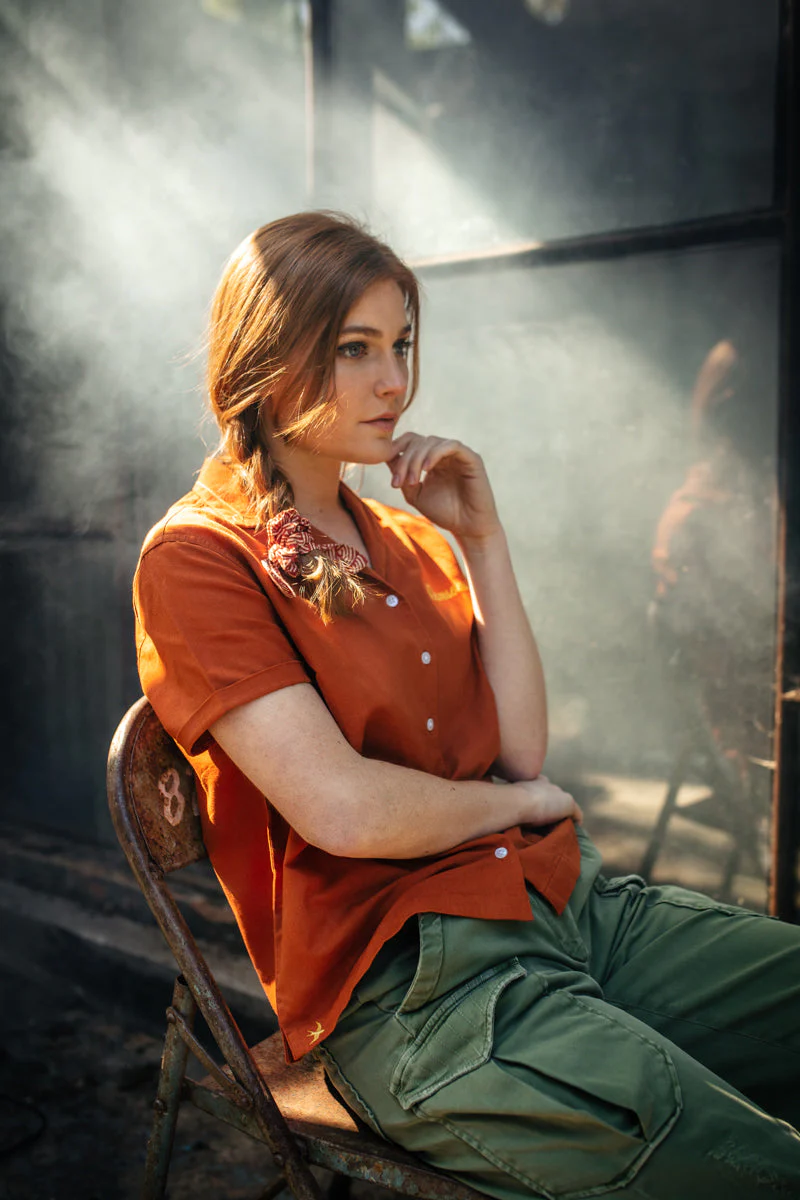 Damsons Double Bowling Shirt Burnt Orange - Image 5